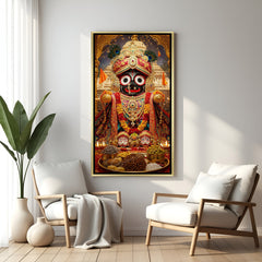 richly designed jagannath ji canvas with golden frame symbolizing auspicious energy protection and divine grace for home temple decor