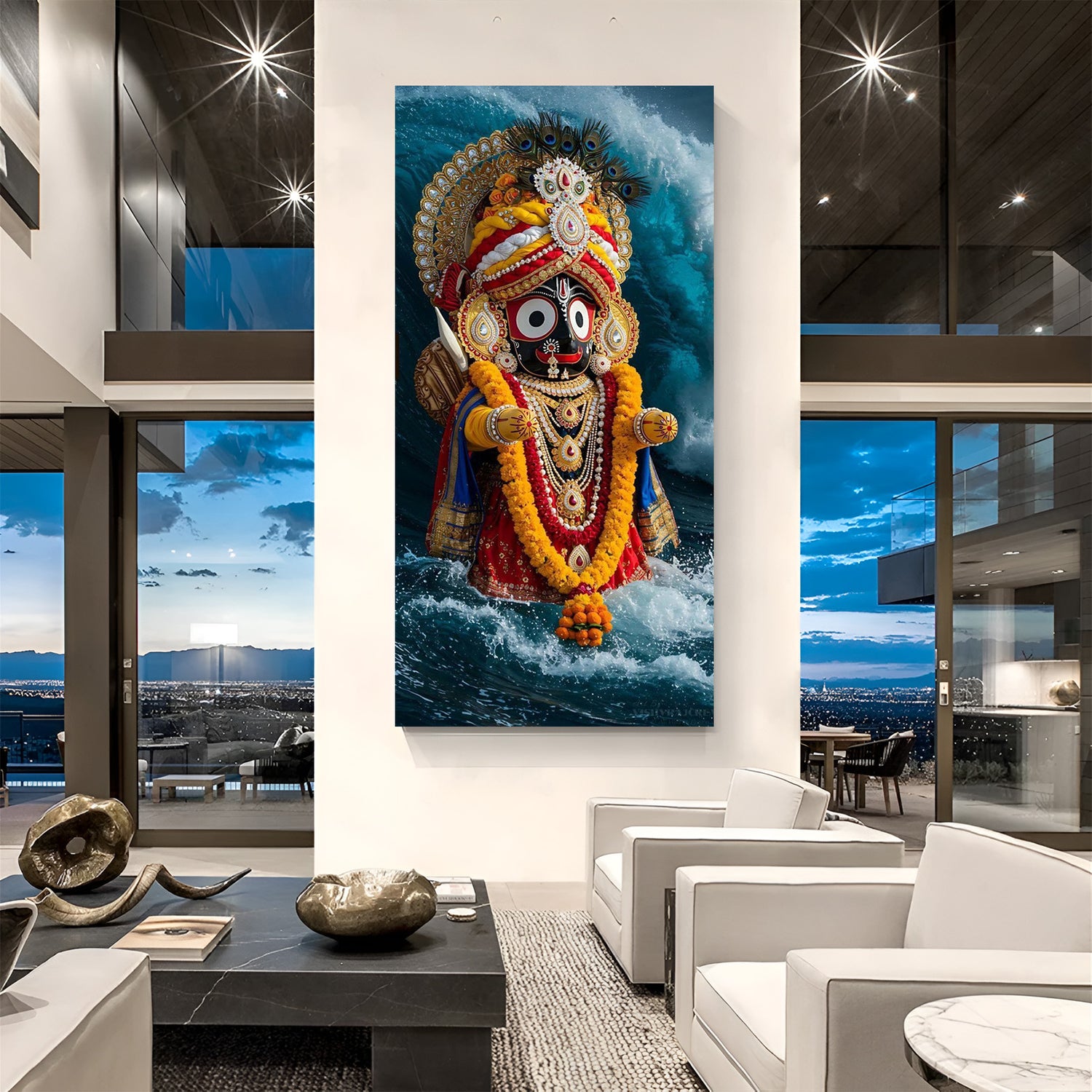 divine jagannath ji canvas wall art with calming water background symbolizing peace devotion and spiritual harmony