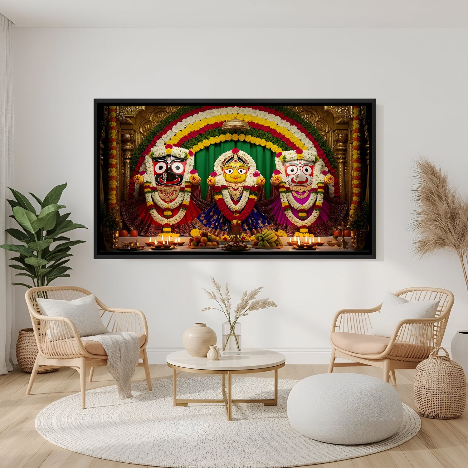 Jagannath Balabhadra Subhadra temple celebration artwork in black floater frame.