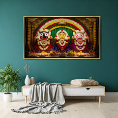 Devotional Jagannath altar wall decor in golden floater frame for spiritual home interior.