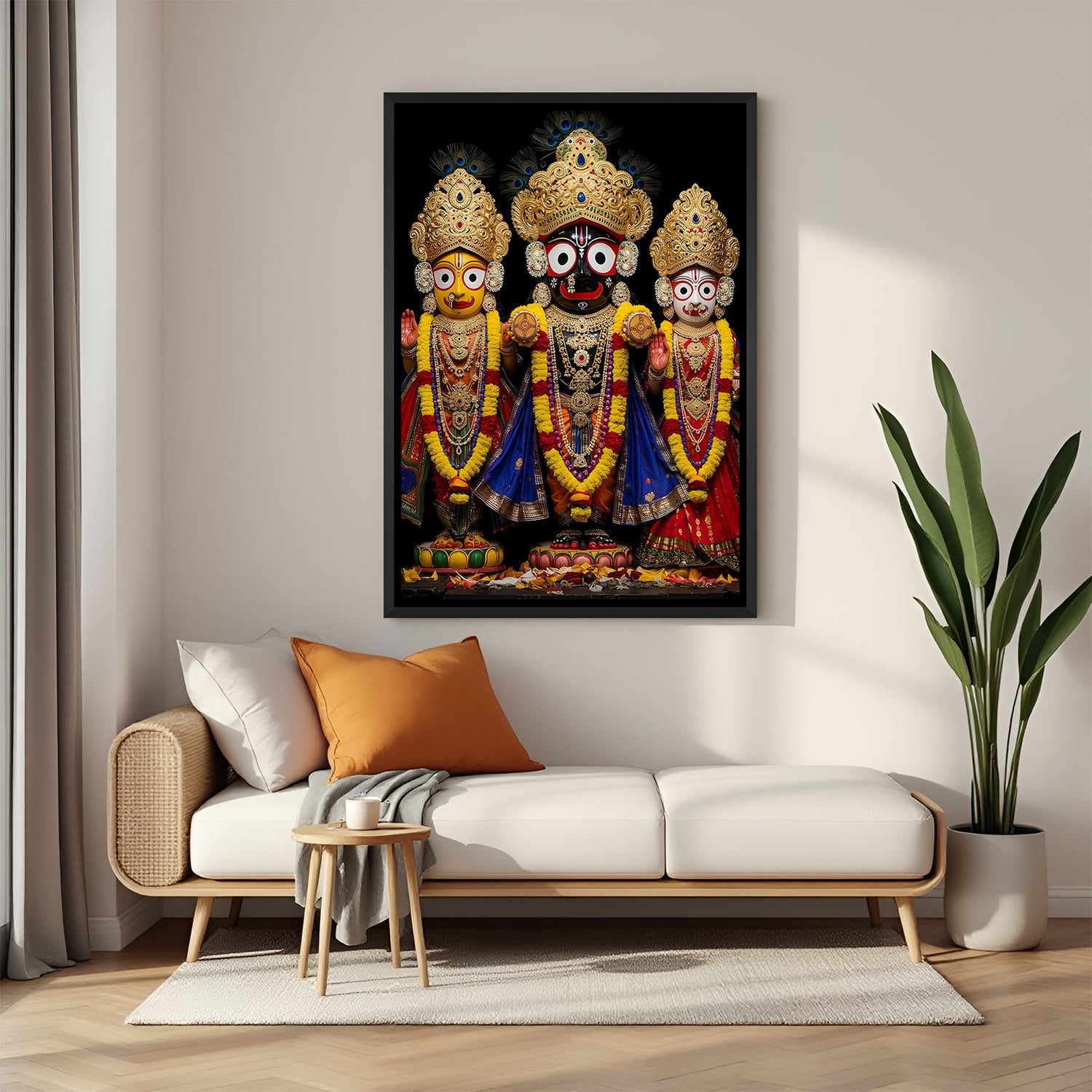 Jagannath Balabhadra Subhadra portrait displayed in black floater frame with rich garlands and ornate temple jewelry.