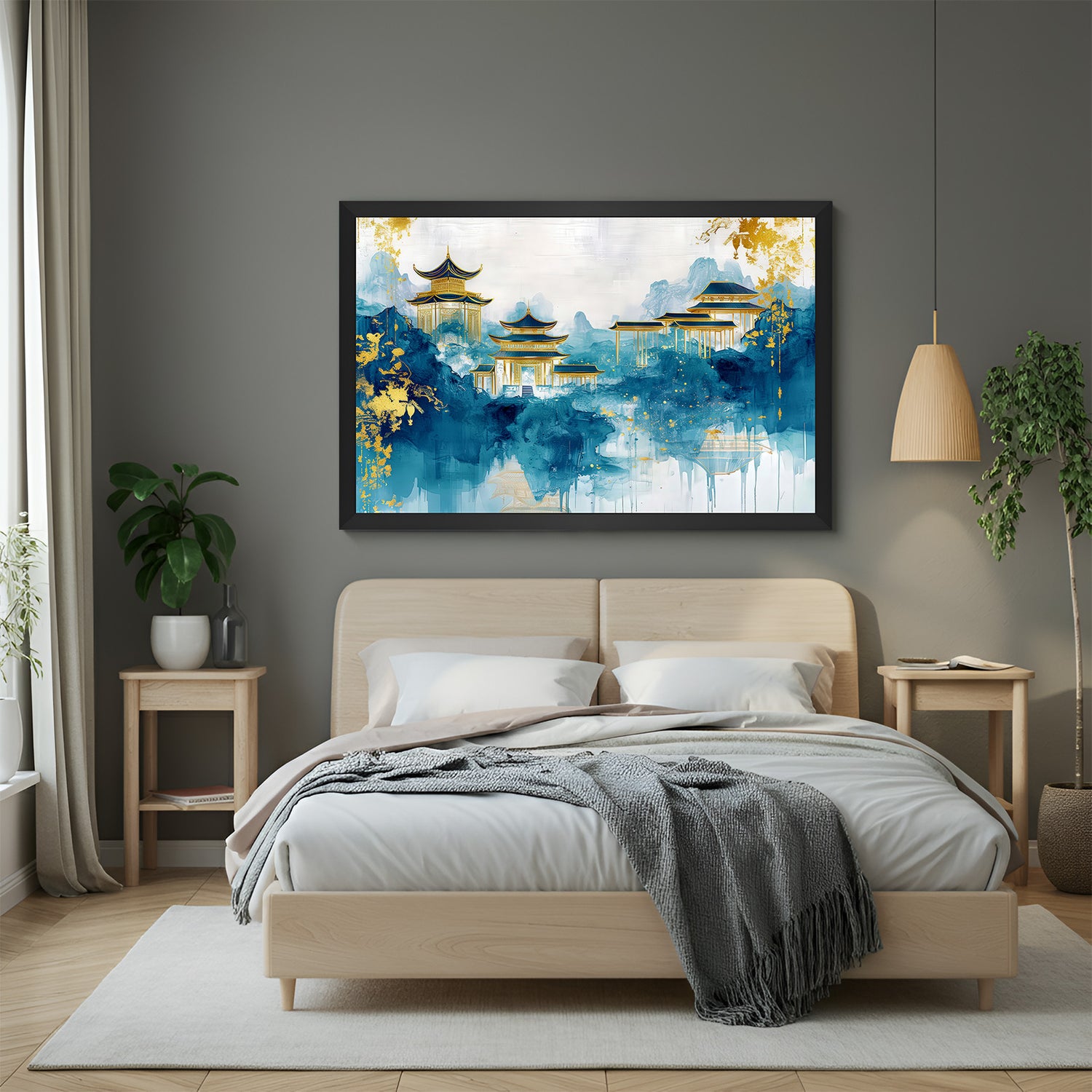 Black frame Japanese castle abstract canvas – painted texture wall art showing historical Japanese structure in modern abstract tones