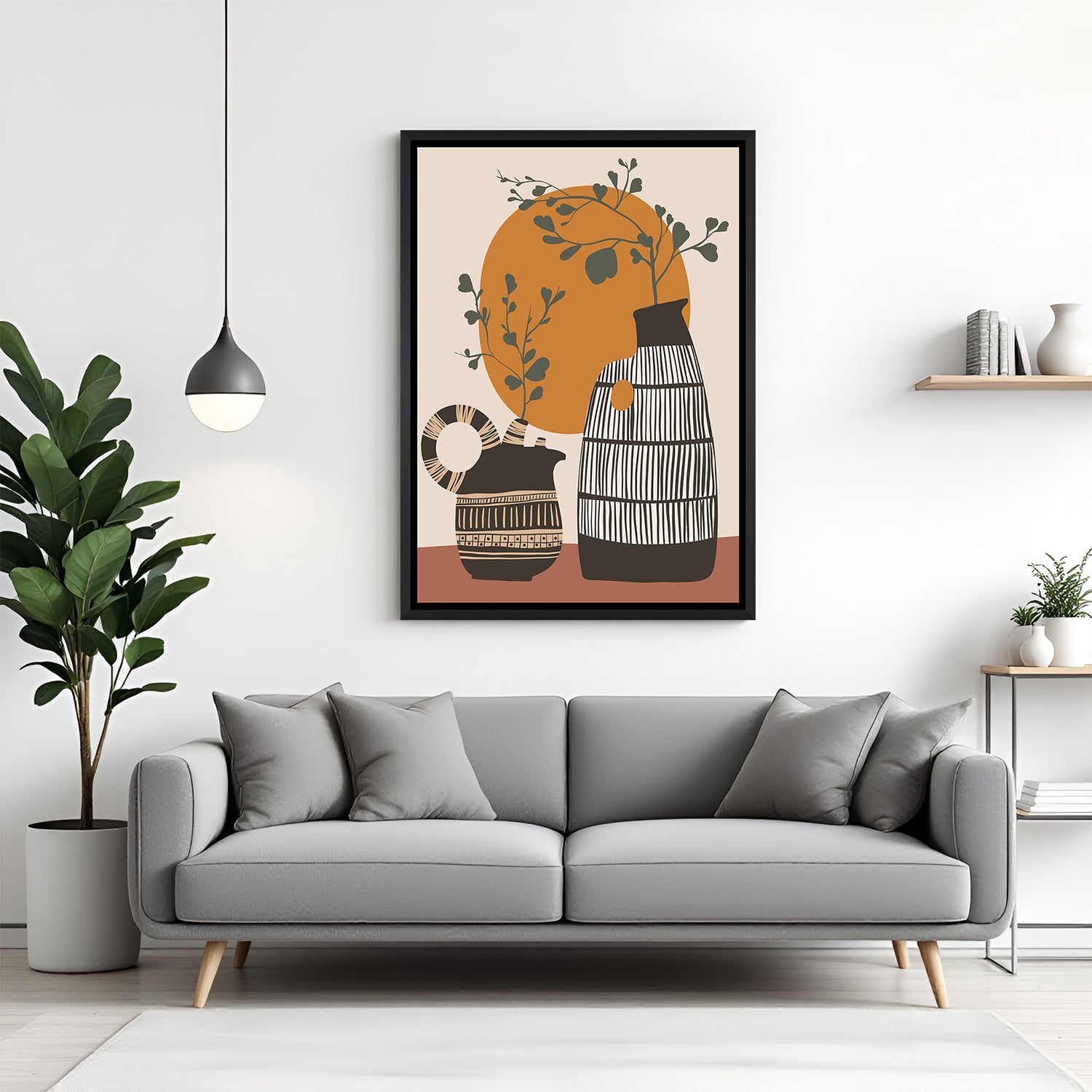 Black frame canvas with bohemian Japanese jars and minimal leafy plants in earthy tones