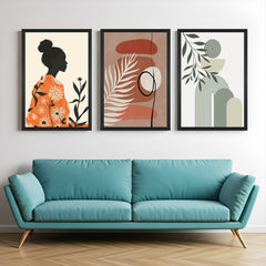 Set of 3 bohemian canvas prints featuring Japanese-style girl, earthy minimal artwork, and green abstract design – calm and stylish home decor