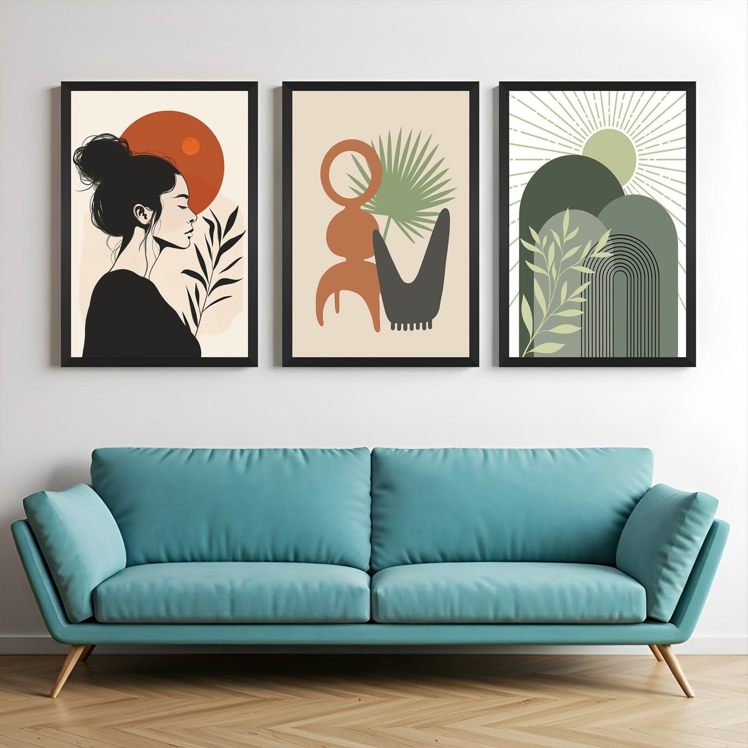 Set of 3 canvas prints featuring Japanese-style girl, minimalist abstract, and green earthy bohemian art – ideal for modern natural spaces