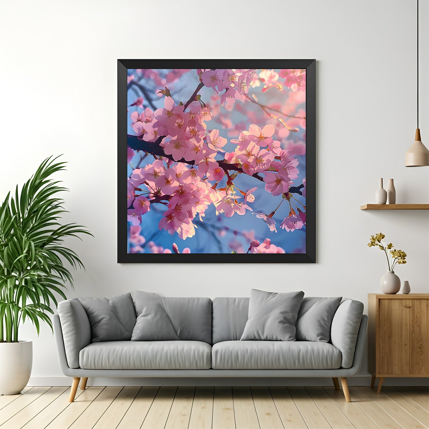 Framed canvas showing pink cherry-like blossoms on a thin branch in Japanese style, with black floater frame for modern wall decor