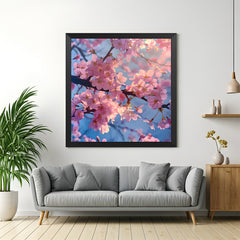 Framed canvas showing pink cherry-like blossoms on a thin branch in Japanese style, with black floater frame for modern wall decor