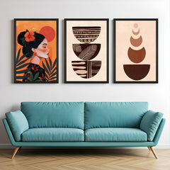 Set of 3 boho canvas prints with Japanese girl silhouette, three artistic bowls, and minimalist earth-tone design – perfect for peaceful interiors