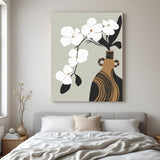 Boho canvas wall art featuring a Japanese-style vase with white flowers in a minimal earthy design
