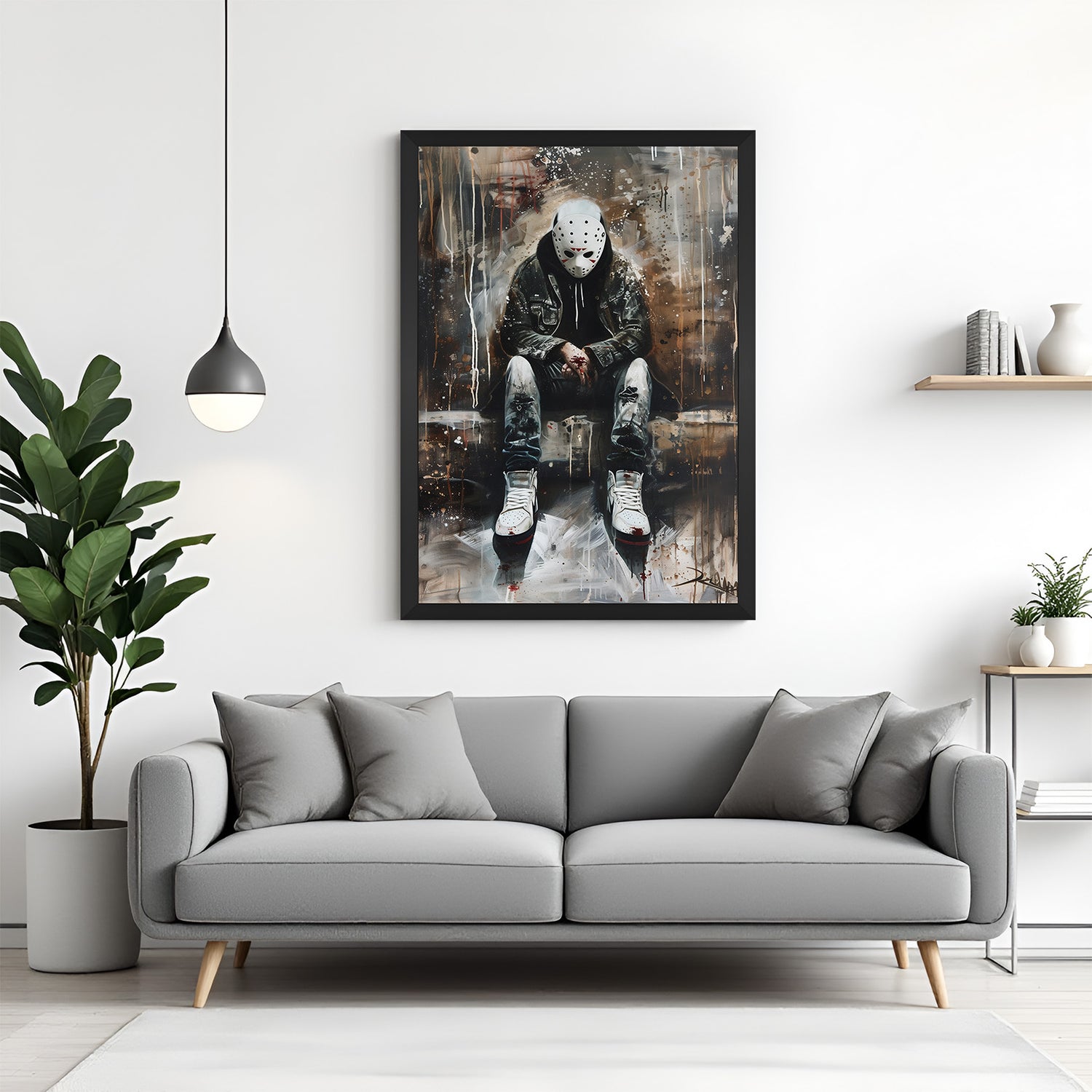 Jason Voorhees modern art canvas in black floater frame, with intense horror vibes and dark artistic textures for game rooms and bold interior spaces