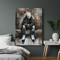 Modern horror canvas art of Jason Voorhees from Friday the 13th, featuring a bold, cinematic design in dark tones, perfect for edgy home or office wall decor