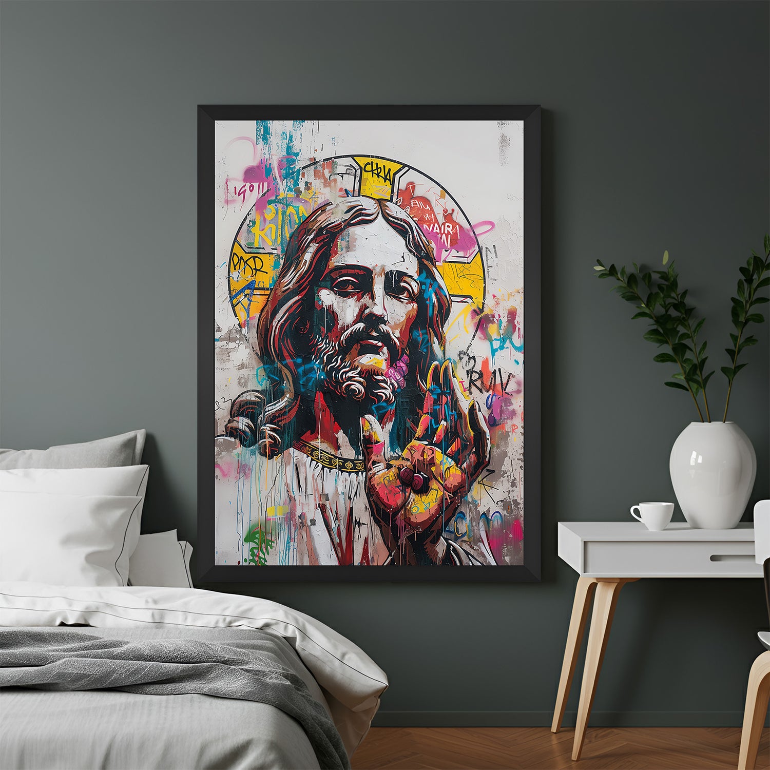 Black-framed modern art of Jesus in altered style—spiritual and edgy canvas wall art for soulful, modern living spaces and sacred personal zones