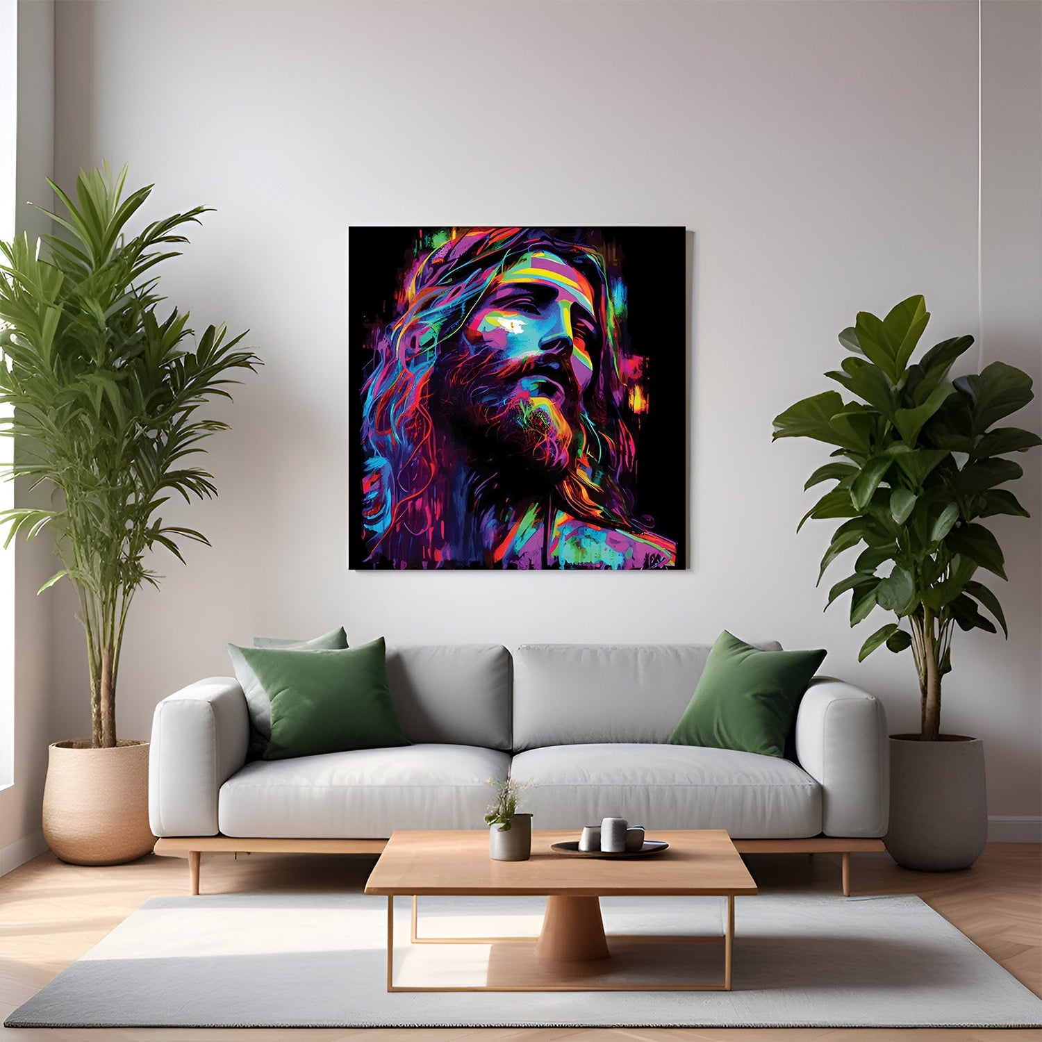 Jesus painted in vivid rave party colors with neon tones and disco lights—bold modern art on canvas blending spirituality and contemporary altered style