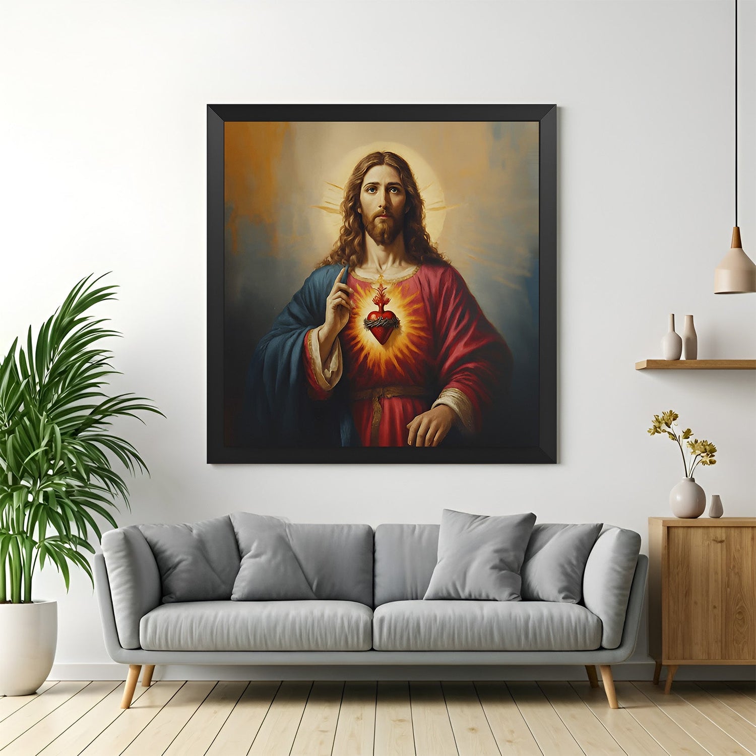 black frame sacred jesus canvas painting for vastu-aligned wall decor enhancing peace devotion and harmony in living or prayer areas
