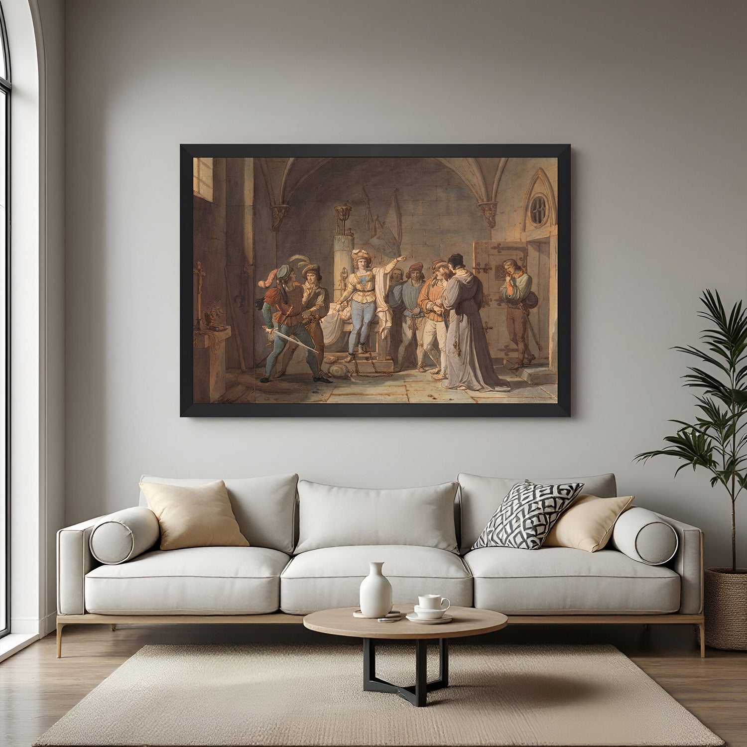 Black-framed wall art of Joan of Arc in prison—ancient-style canvas painting for classic interiors