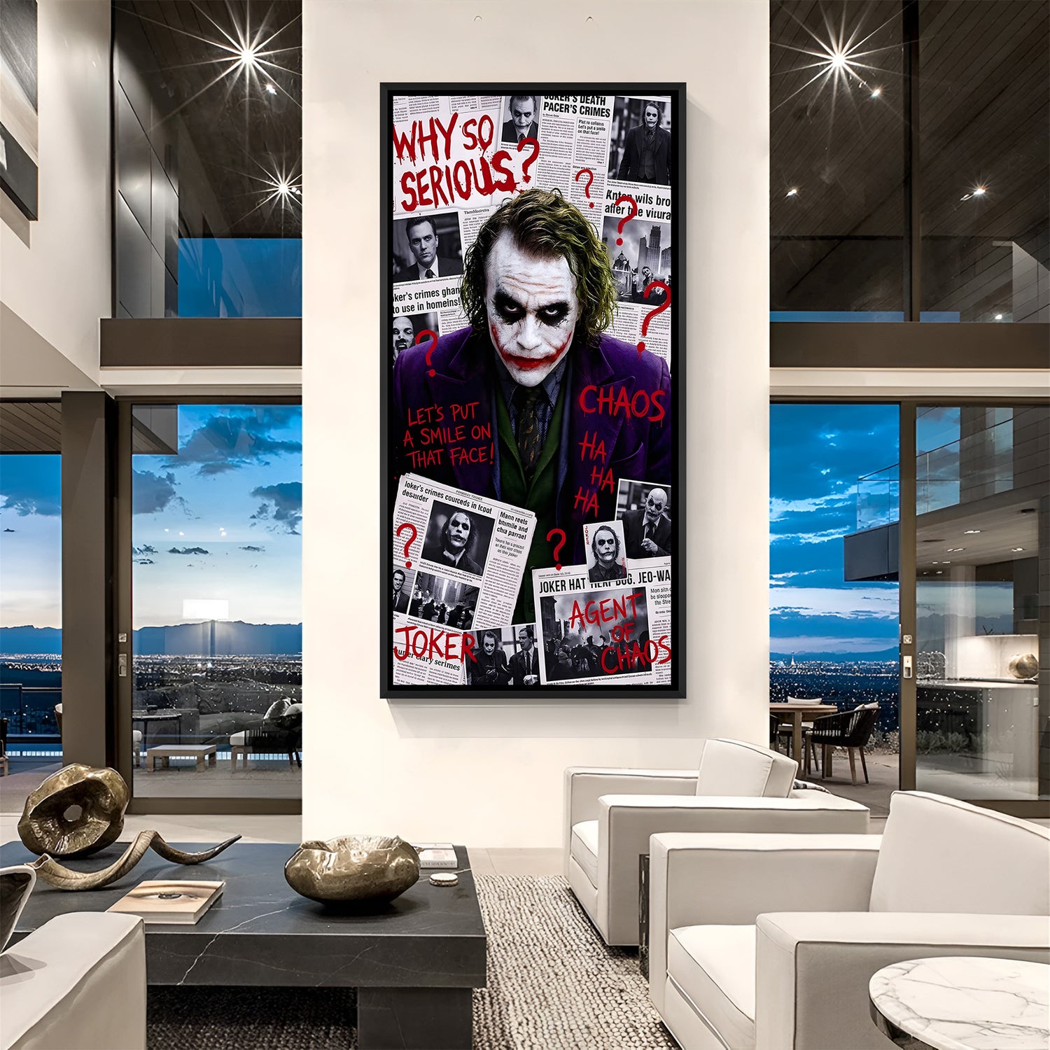 Joker Chaos Newspaper villain canvas artwork in premium black floater frame