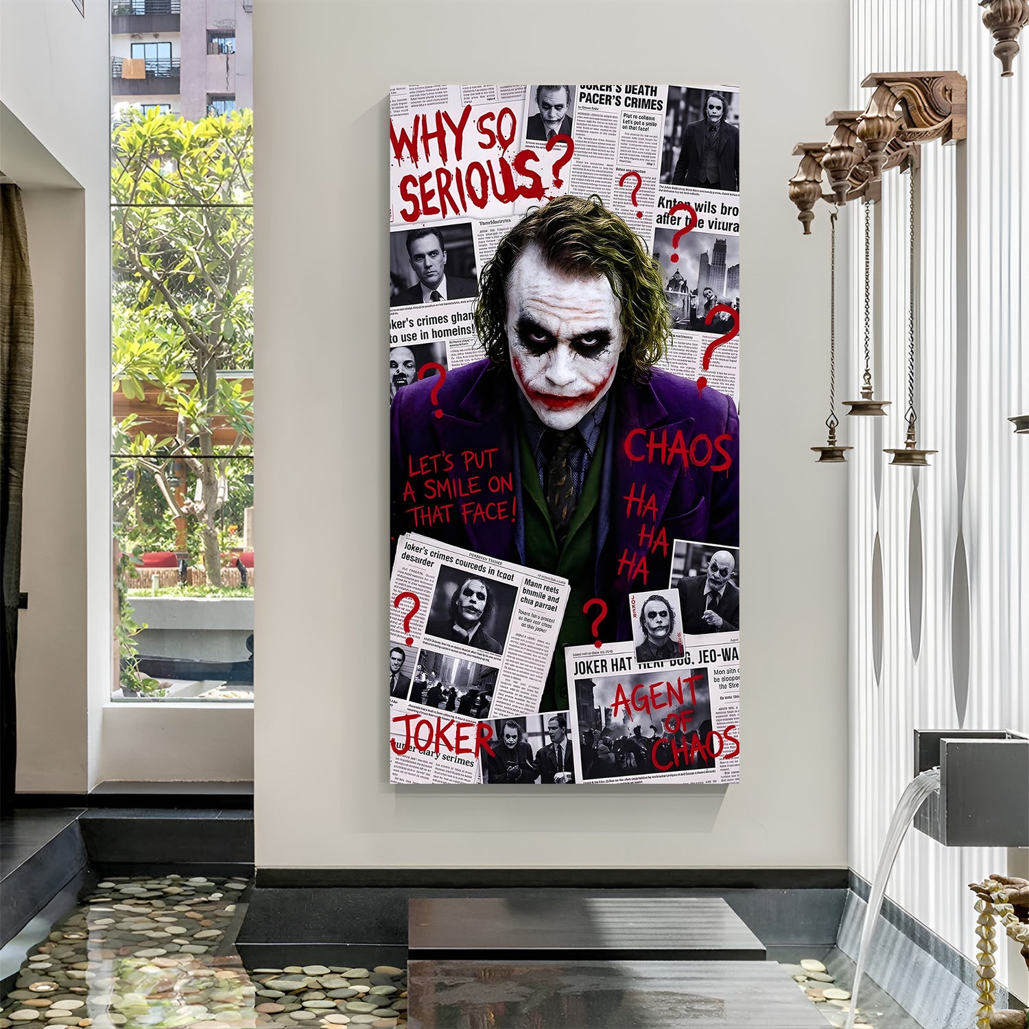 Joker Chaos Newspaper canvas painting with cinematic villain artwork in canvas wrapped frame