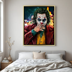 Joker wall art in luxury golden floater frame with cigar smoke villain design