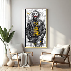 Joker wall art in luxury golden floater frame with black suit walking design