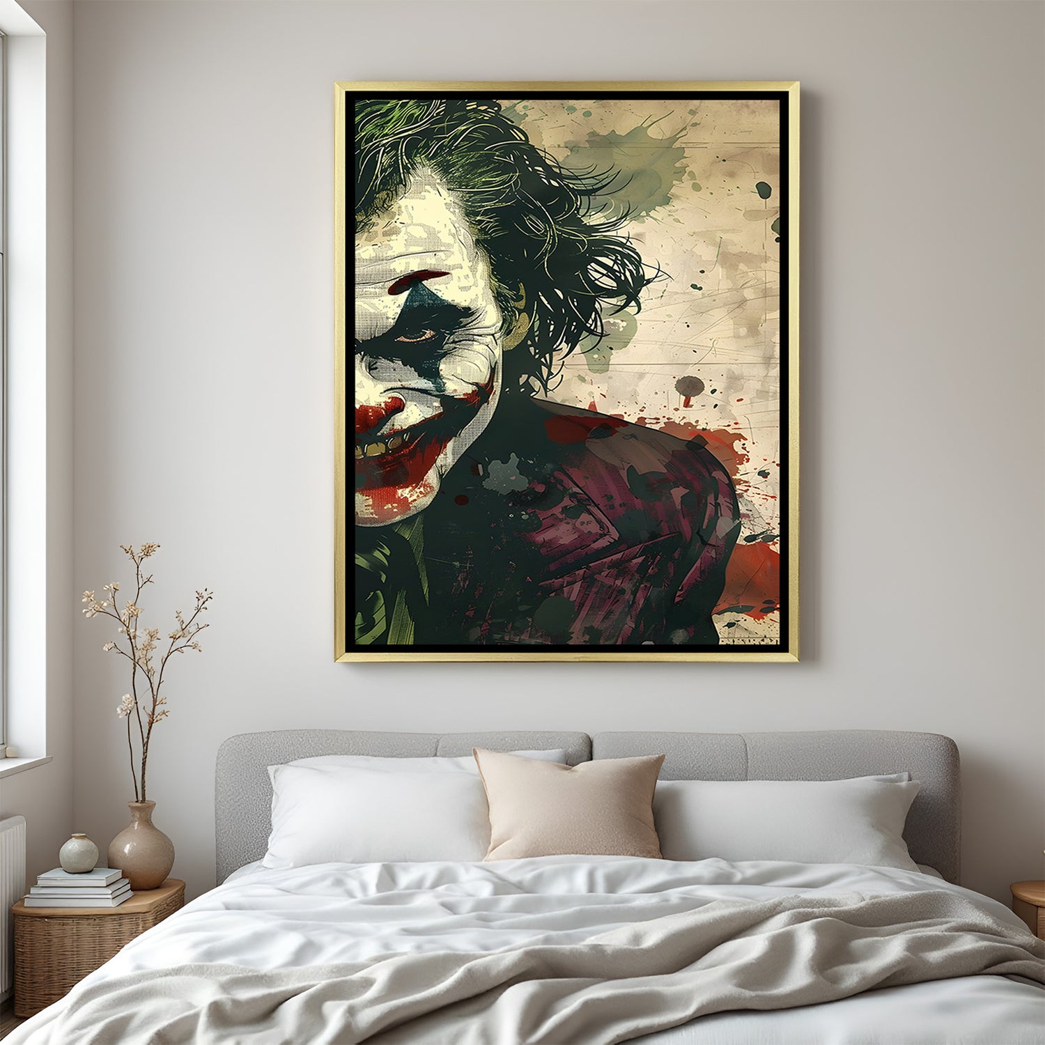 Joker wall art in luxury golden floater frame with half-face villain design