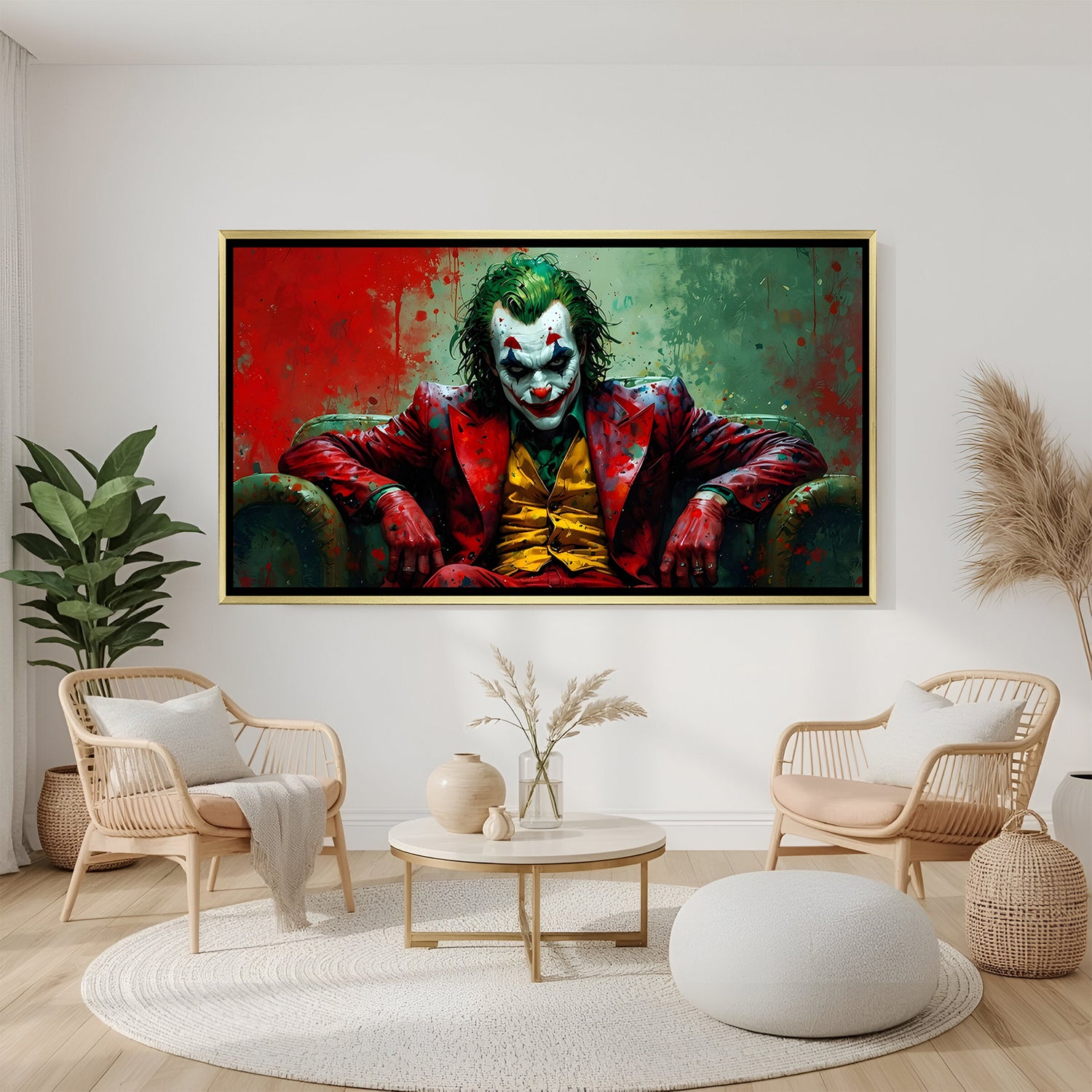 Joker wall art in luxury golden floater frame with devil smile villain design