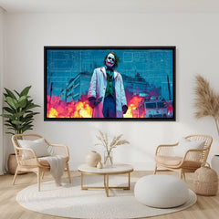 Joker fiery background wall art in black floater frame with intense glowing inferno atmosphere