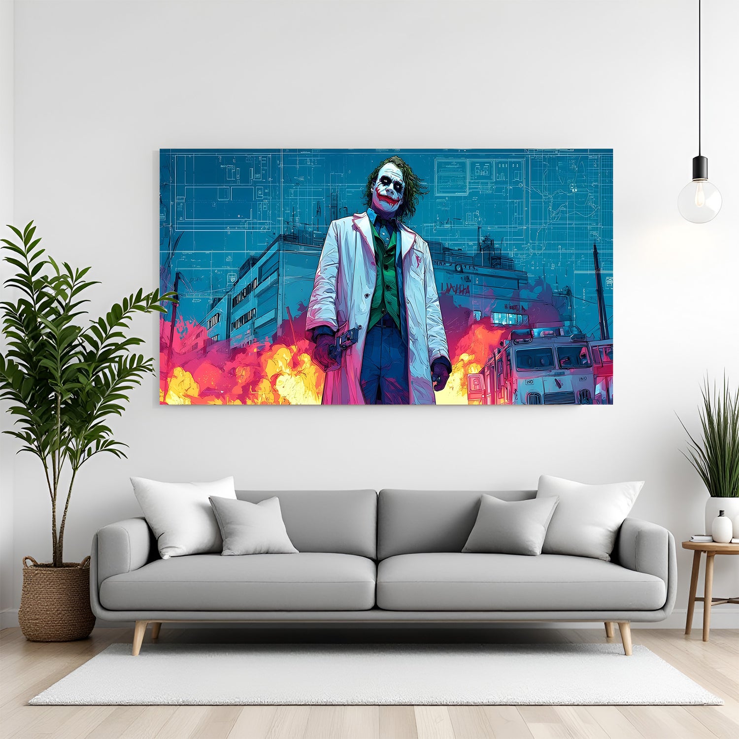 Joker standing canvas wall art with fiery background in wrapped frame cinematic dark villain style
