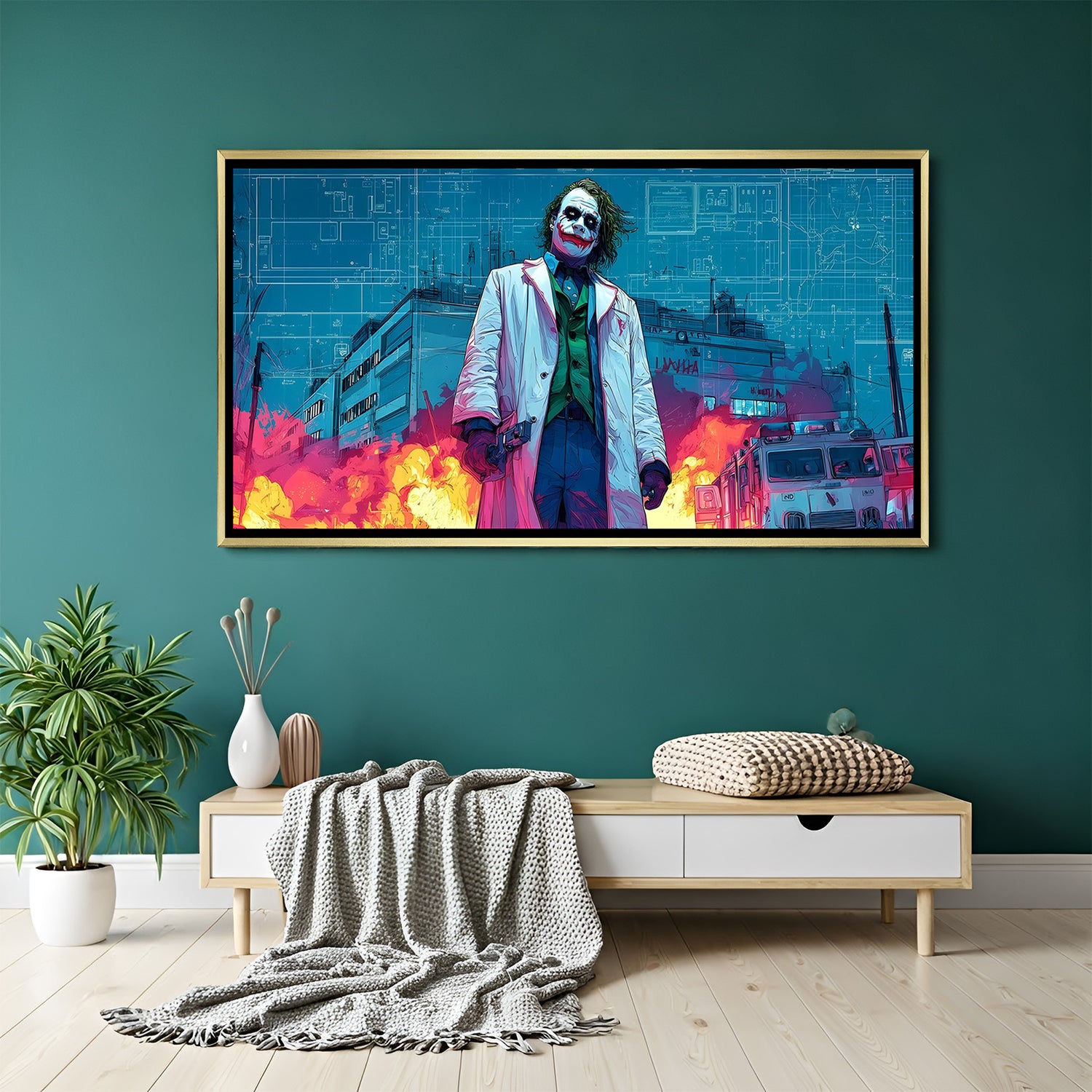 Joker standing inferno artwork in premium golden floater frame with dramatic fire lighting effect