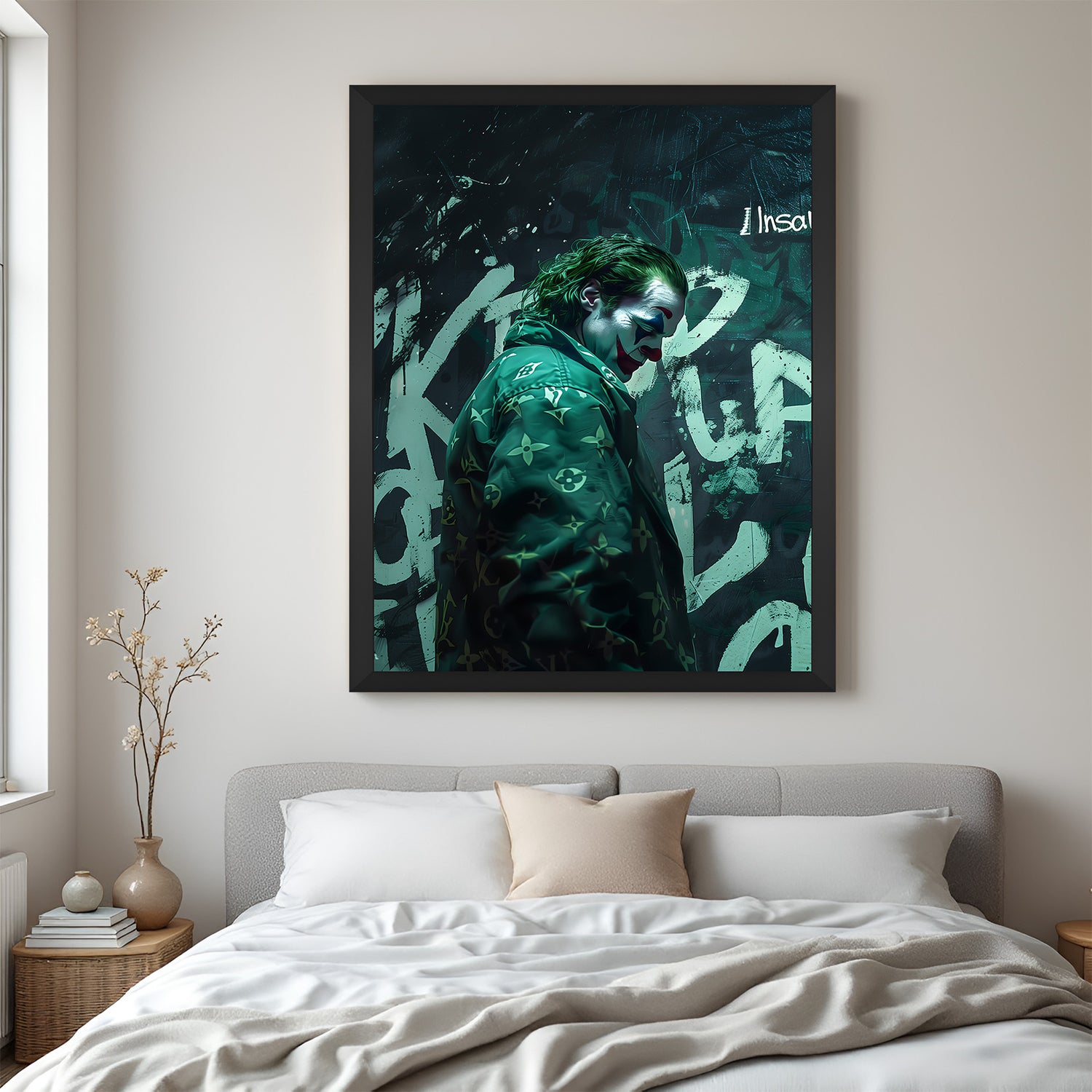 Black frame version of Joker green theme canvas wall art featuring intense character expression and modern painted aesthetic for bold interior styling