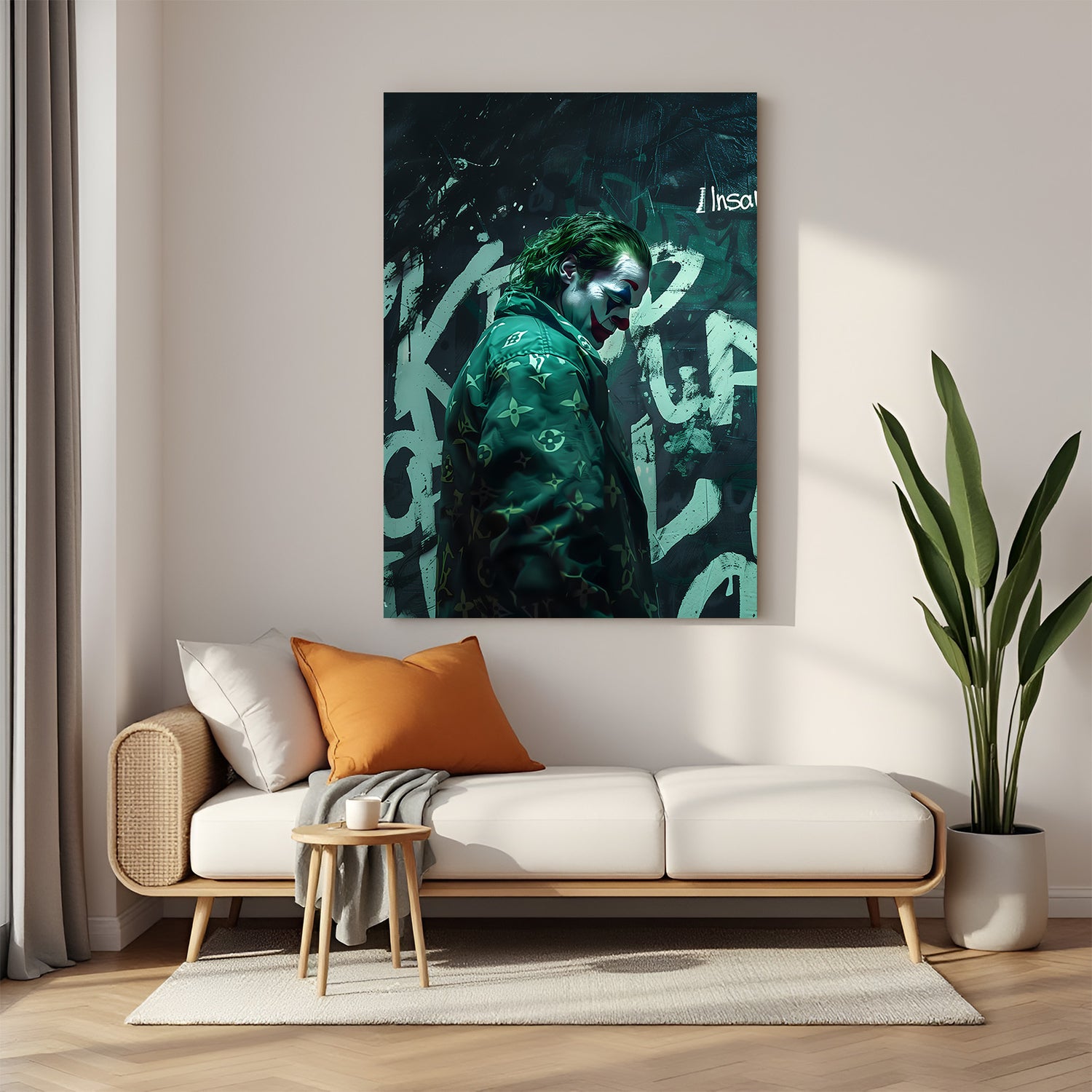 Joker in green theme painted modern art style on canvas, portraying chaotic emotion and cinematic intensity for powerful home or office wall decor