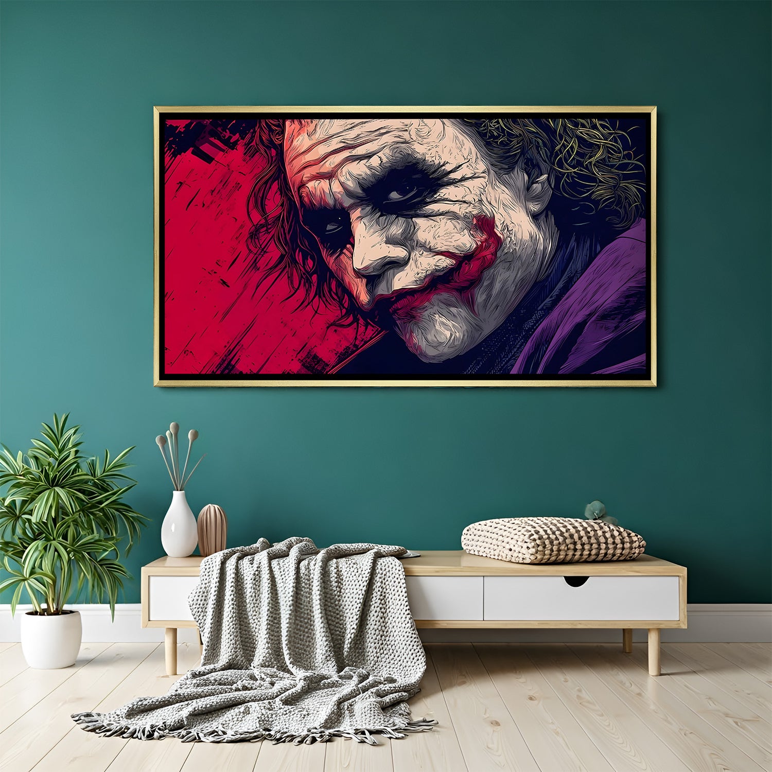 Joker wall art in luxury golden floater frame with cinematic villain close-up design