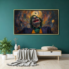 Joker chaotic smile artwork in luxury golden floater frame with dramatic dark contrast design