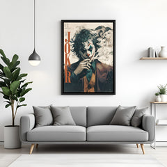 Modern joker-inspired portrait artwork displayed in sleek black floater frame for contemporary bedroom décor