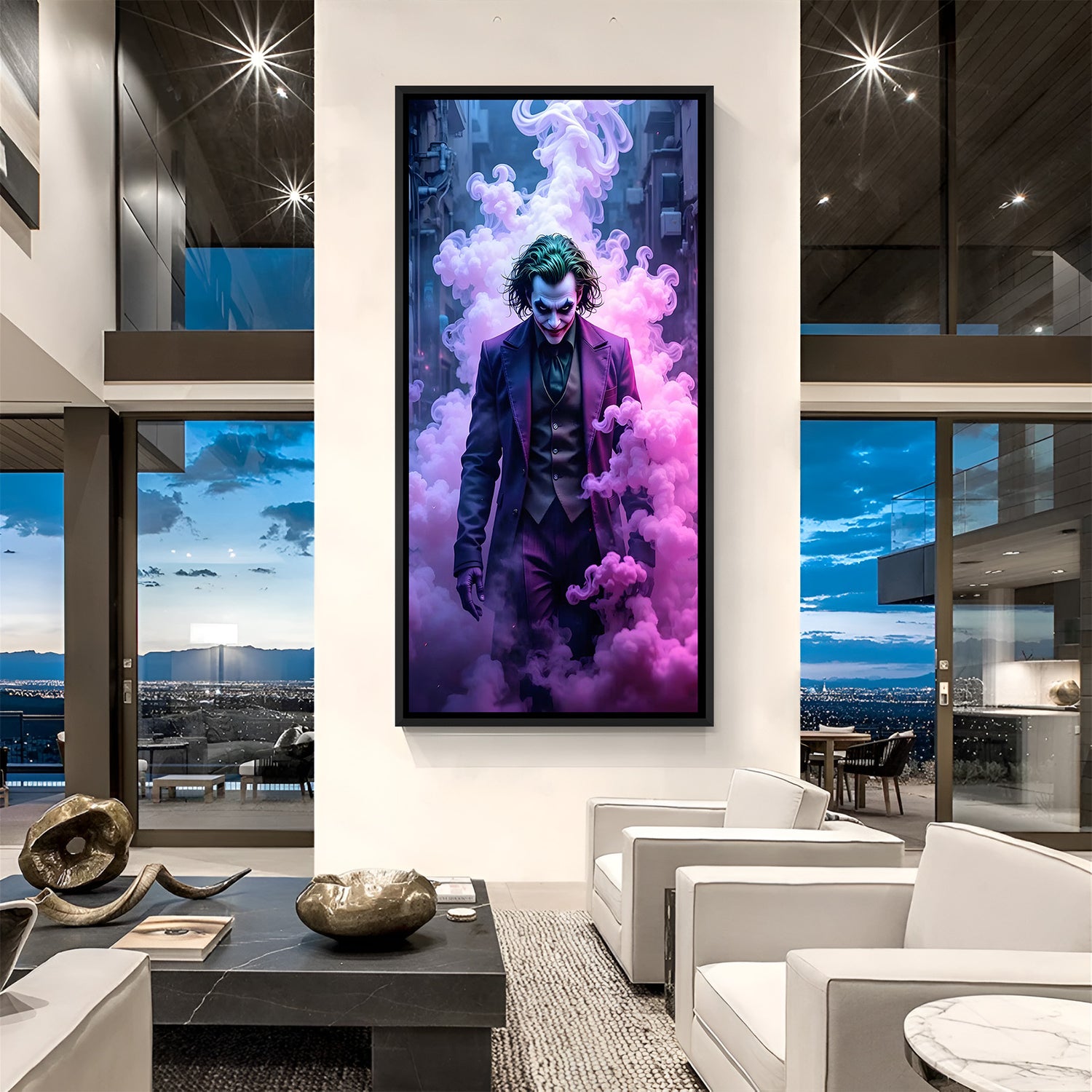 Joker Purple Smoke villain canvas artwork in premium black floater frame