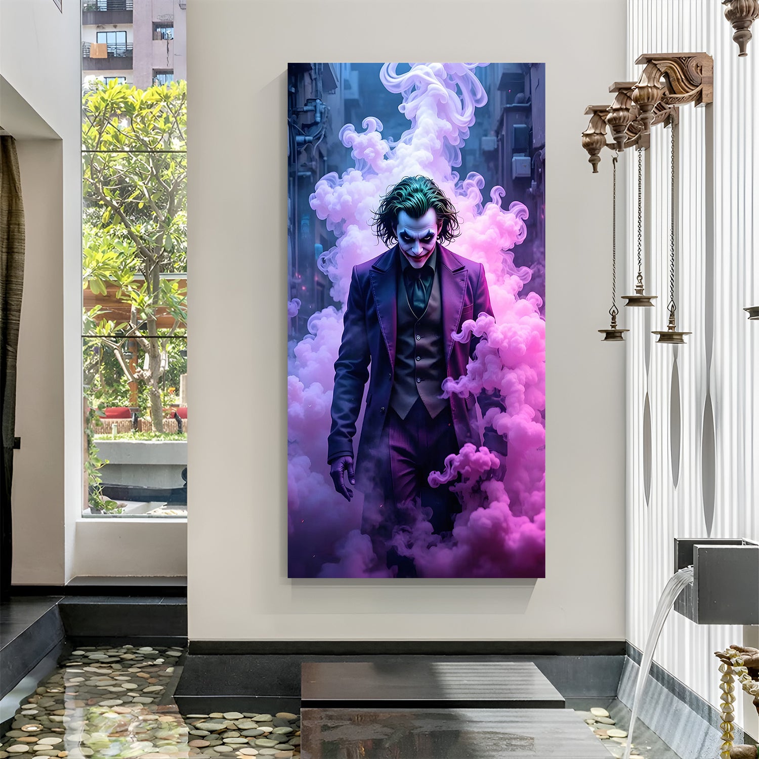 Joker Purple Smoke canvas painting with cinematic villain artwork in canvas wrapped frame