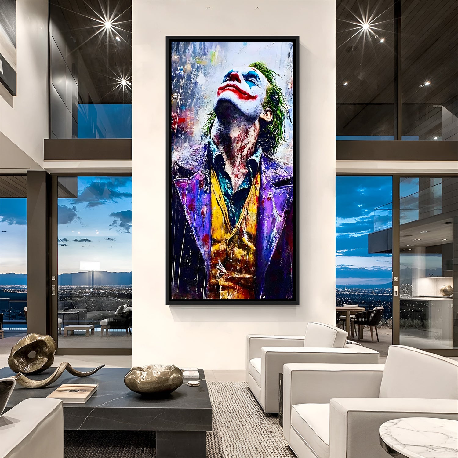 Joker Rainy Sky villain canvas artwork in premium black floater frame