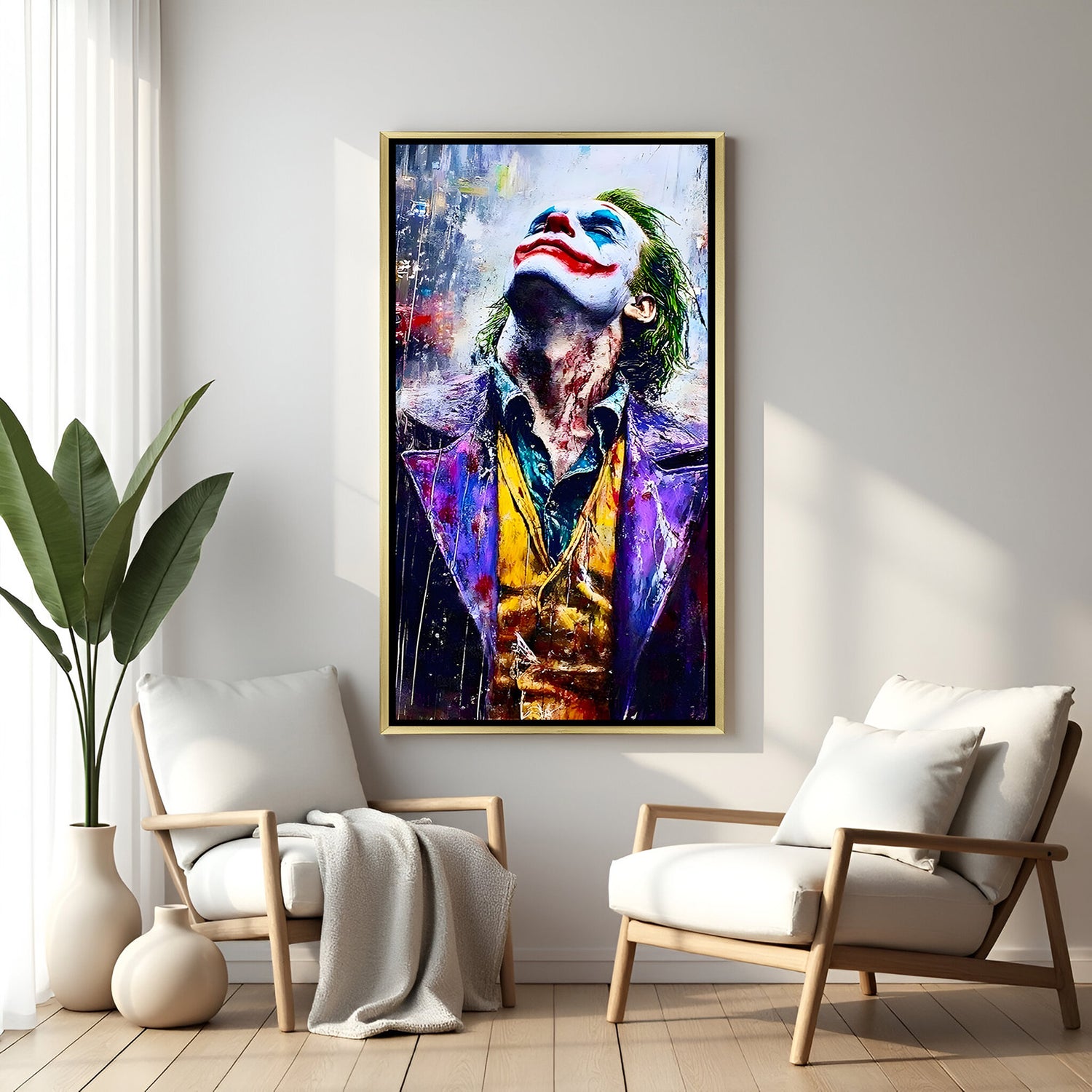 Joker wall art in luxury golden floater frame with rainy cinematic design