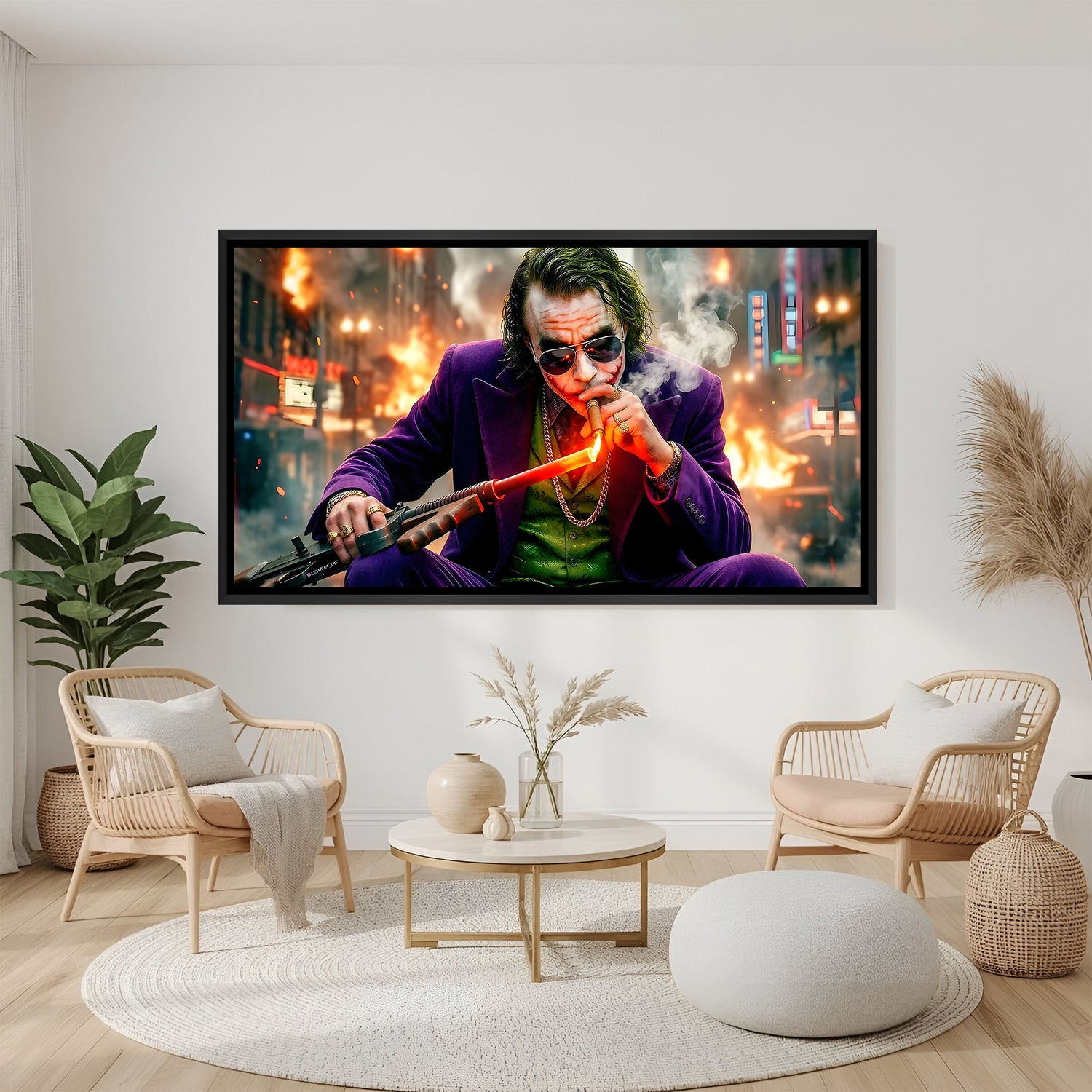 Joker seated smoking cigar wall art in elegant black floater frame with dramatic villain styling