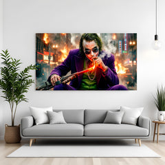 Joker sitting with cigar canvas wall art in premium wrapped frame with dark cinematic atmosphere
