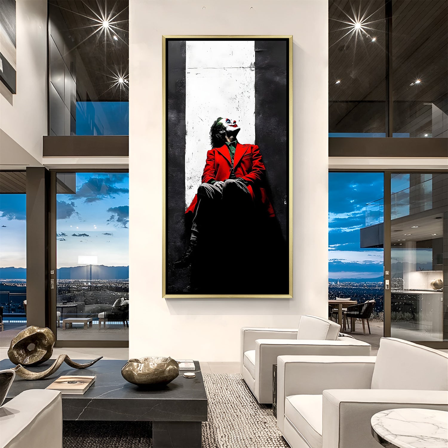 Joker Solitude Portrait artwork in luxury golden floater frame for contemporary interior decor