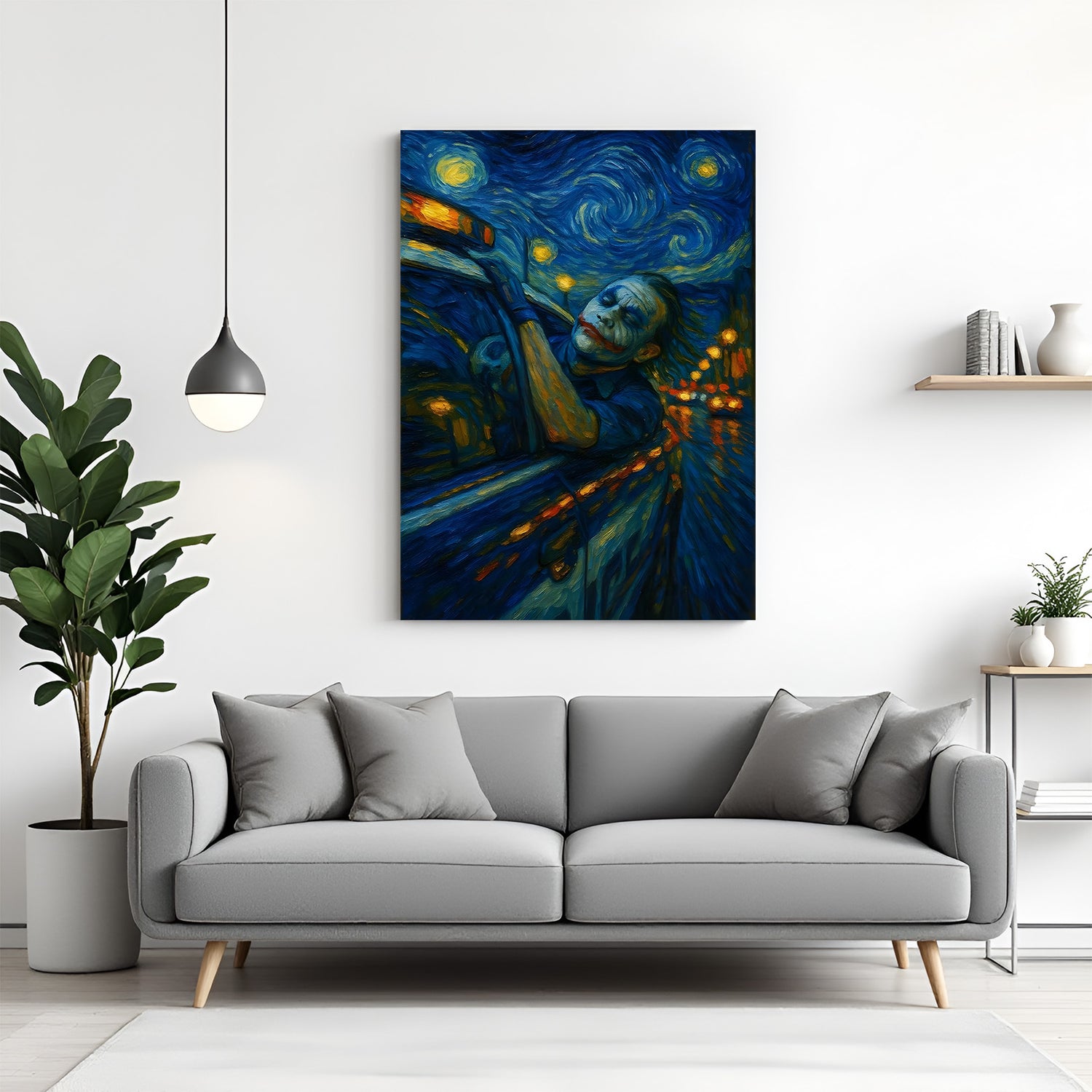 Joker Starry Night canvas painting with artistic villain artwork in canvas wrapped frame