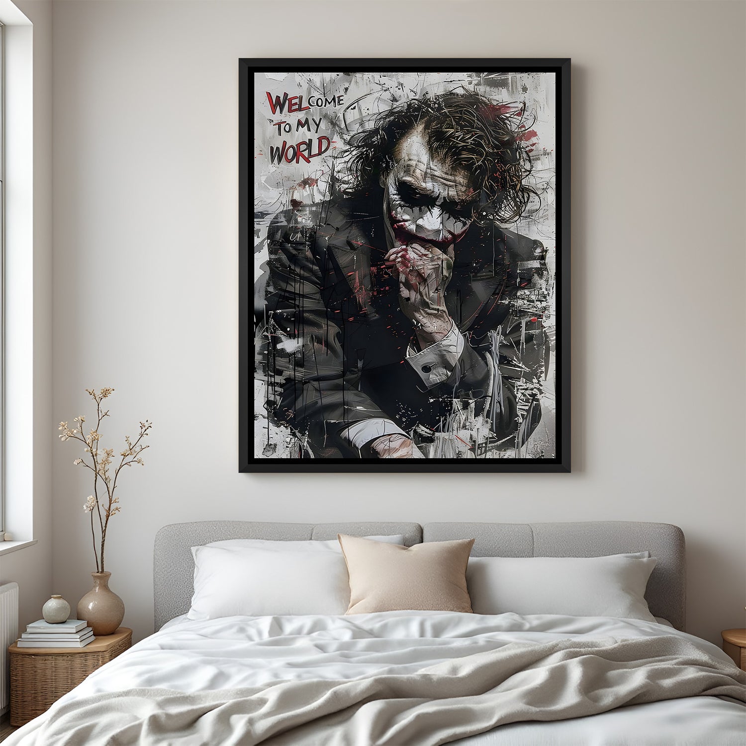 Joker Welcome To My World villain canvas artwork in premium black floater frame