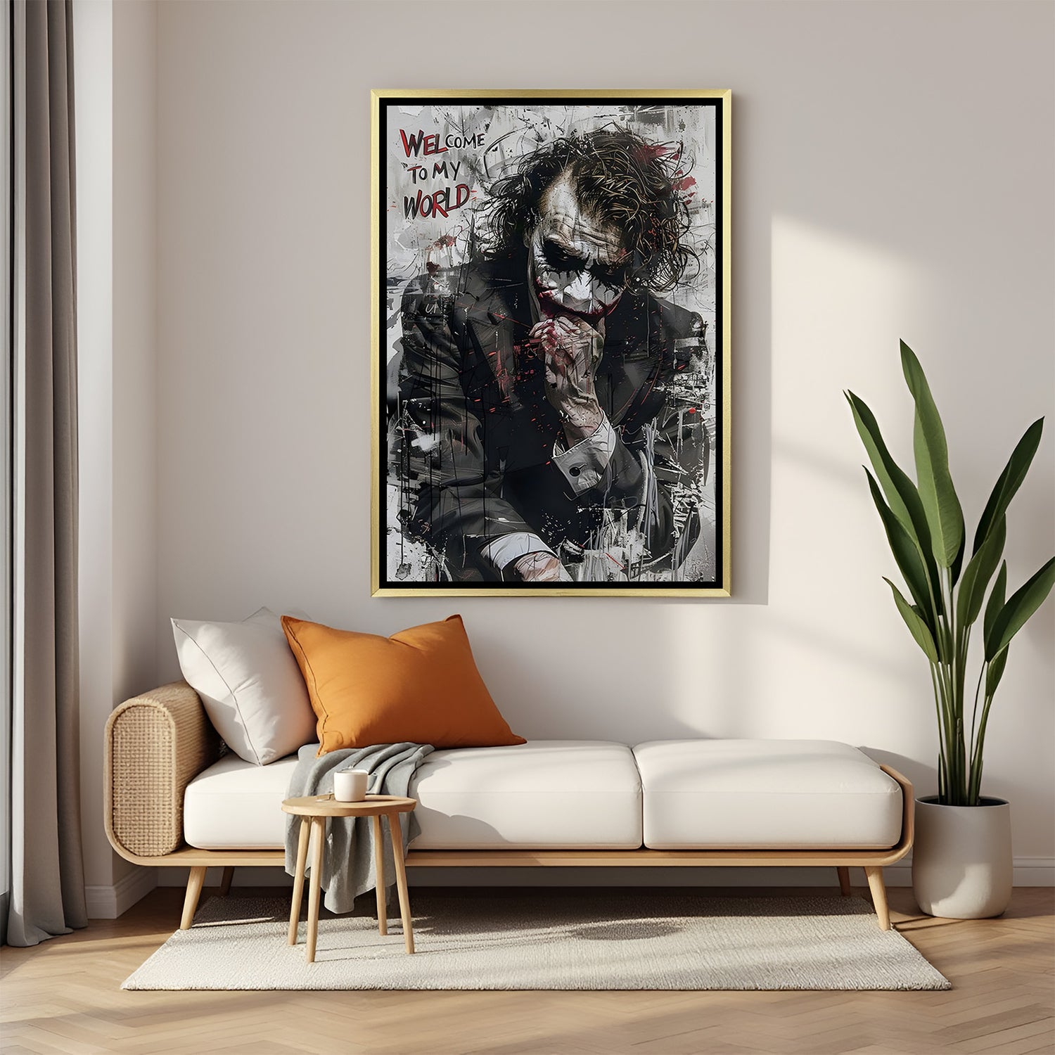 Joker wall art in luxury golden floater frame with black and white typography design