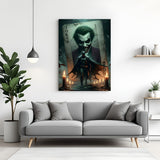 Batman walking through candlelight with a giant Joker card behind him featuring a sinister smile in premium canvas wrapped frame