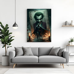 Batman walking through candlelight with a giant Joker card behind him featuring a sinister smile in premium canvas wrapped frame