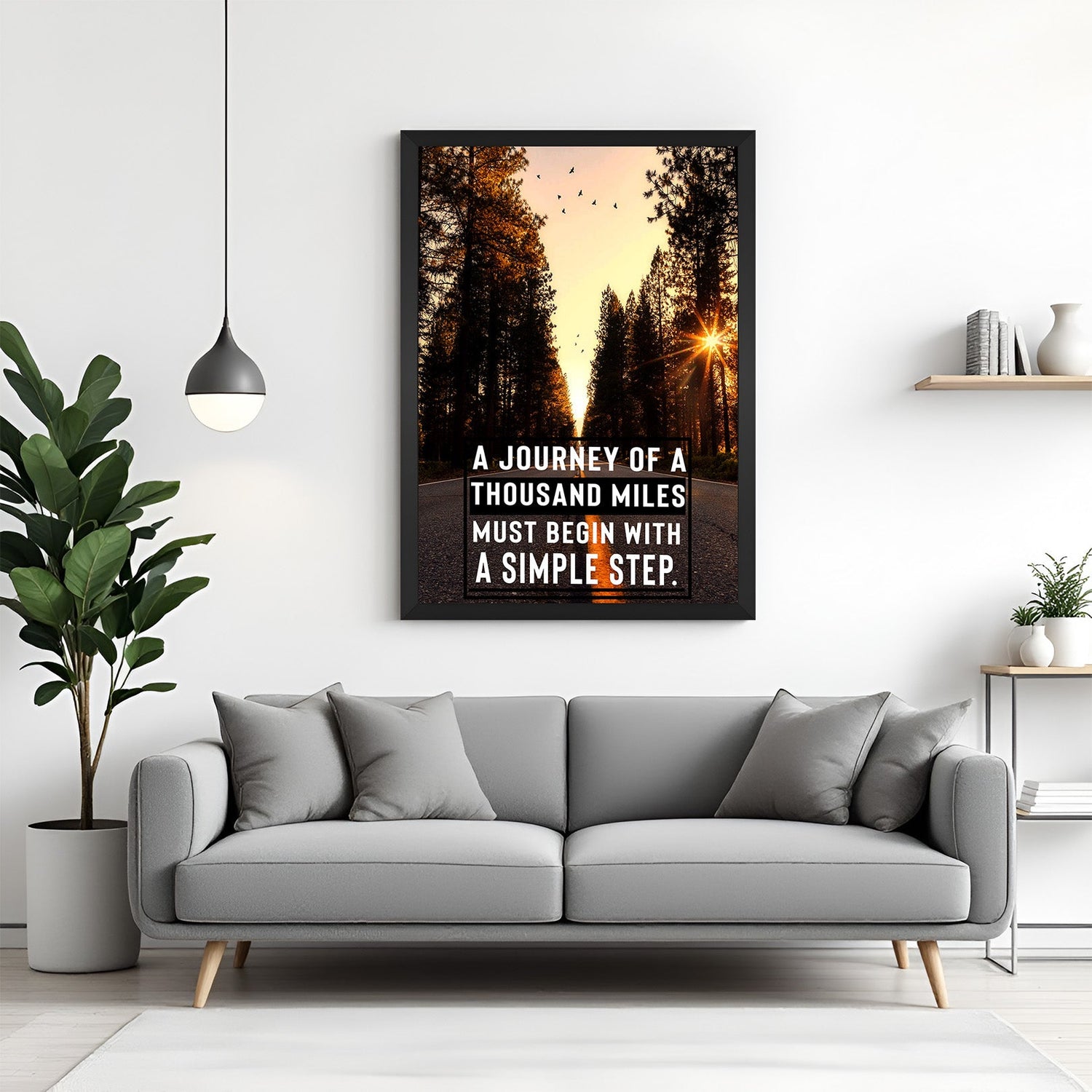 Motivational canvas wall art with black floater frame featuring journey quote