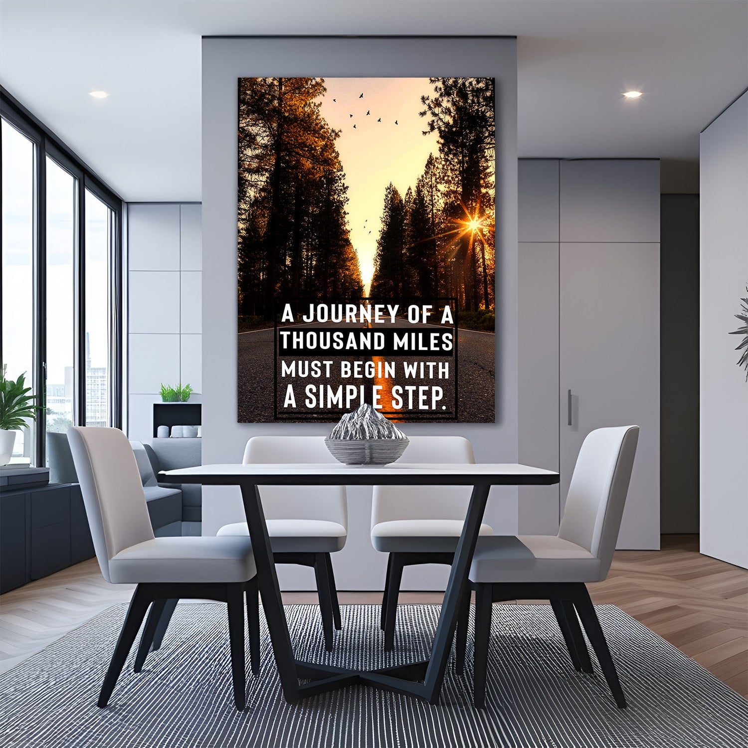 Motivational canvas wall art with “The journey of a thousand miles must begin with a simple step” quote for home and office decor