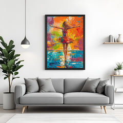 Black frame abstract canvas featuring girl in vibrant skirt with open arms – expressive wall art with bold painted style
