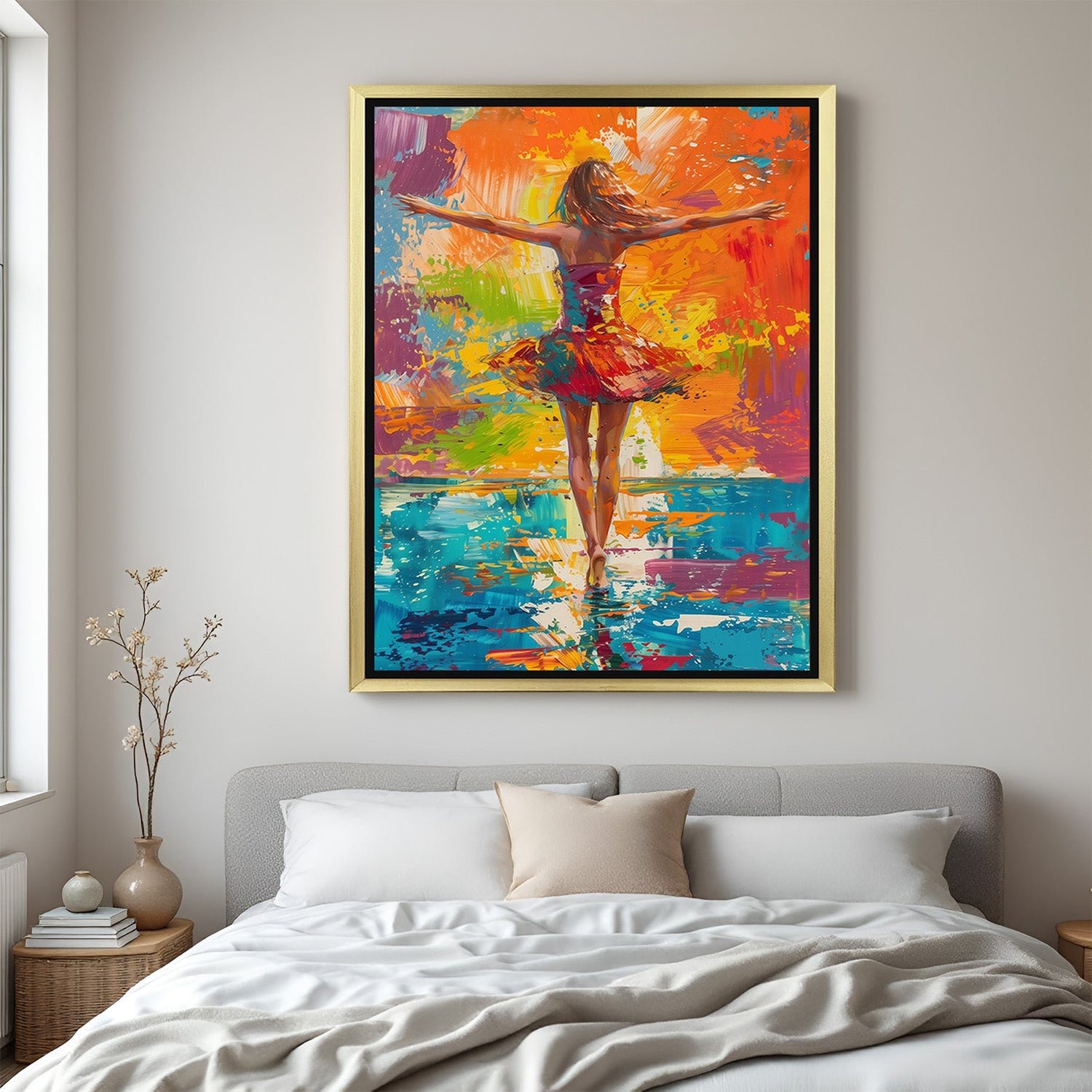 Golden frame canvas of abstract joyful girl with hands spread – colorful and artistic wall decor for modern homes