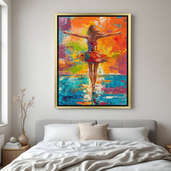 Golden frame canvas of abstract joyful girl with hands spread – colorful and artistic wall decor for modern homes